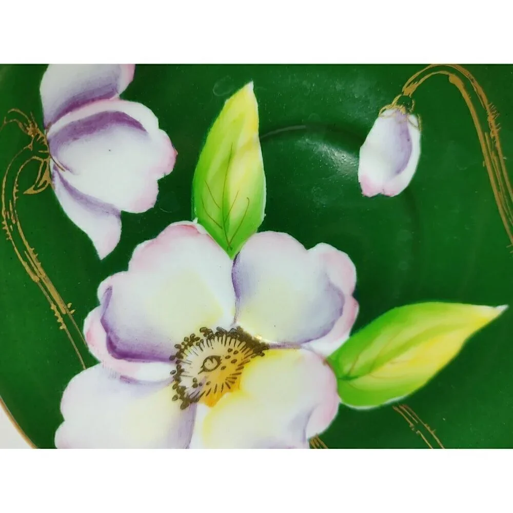 Silver China Occupied Japan Green Hand Painted Flowers Gold Trim Saucer Set Of 3